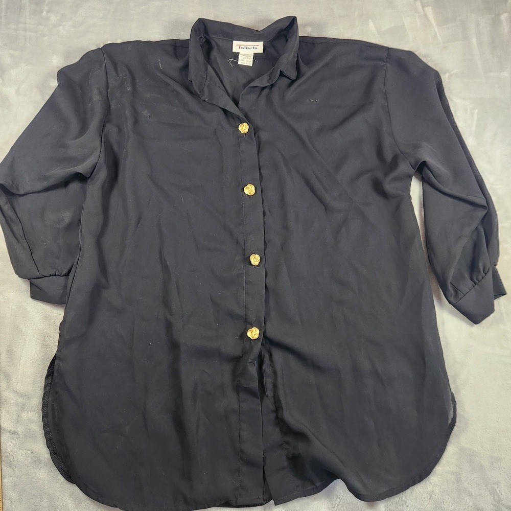Talbots Vintage Black Sheer Shirt Dress‎ Gold Button Large USA Whimsigoth Witchy